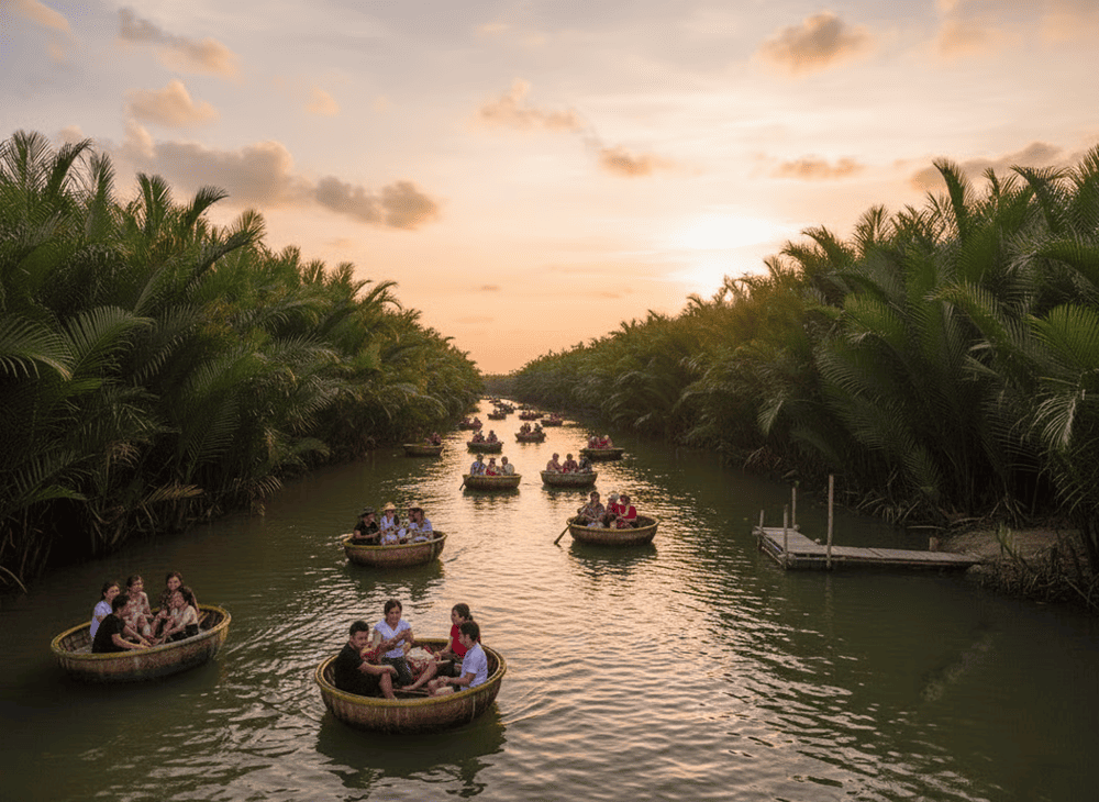 Đến Rừng Dừa Bảy Mẫu, du khách sẽ được trải nghiệm chèo thuyền thúng qua những rặng dừa xanh rì